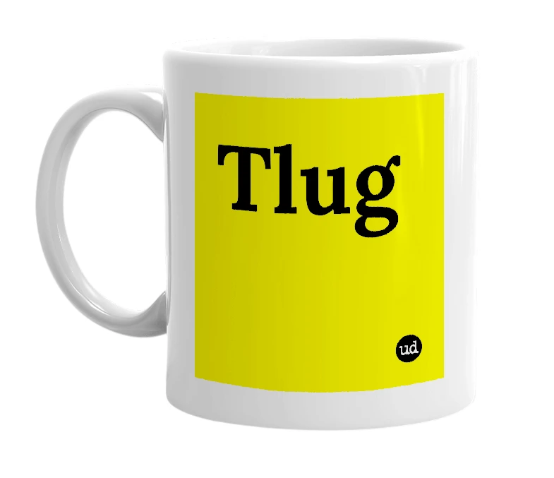 White mug with 'Tlug' in bold black letters