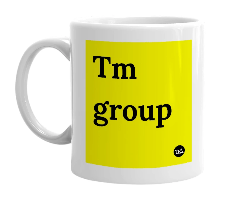 White mug with 'Tm group' in bold black letters