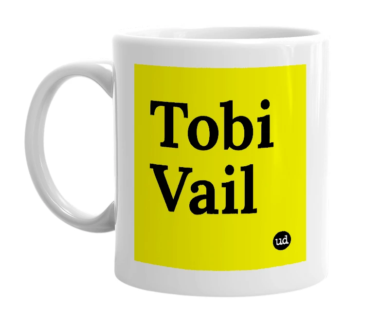 White mug with 'Tobi Vail' in bold black letters