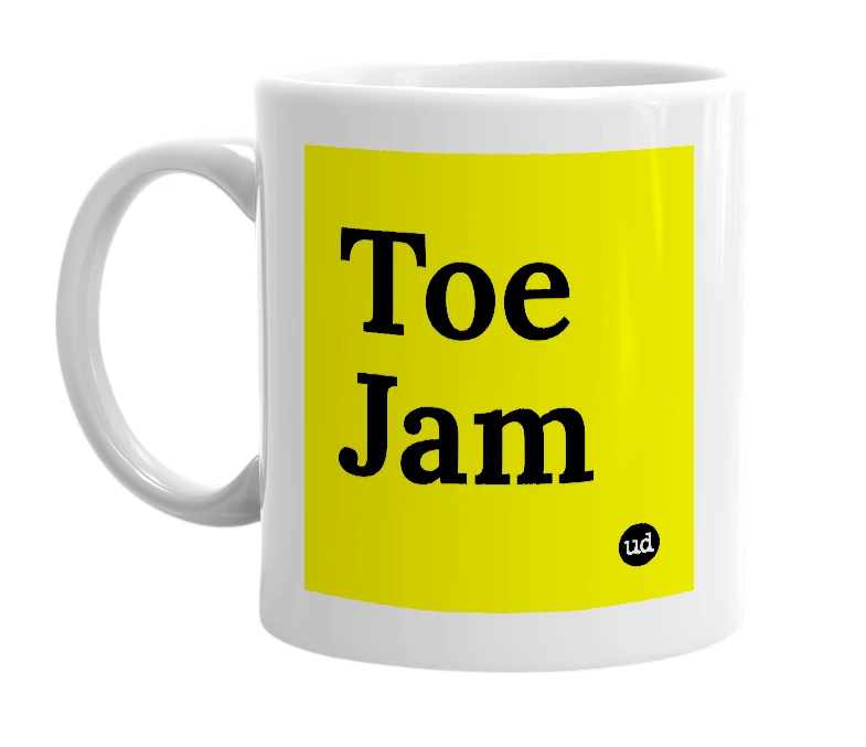 White mug with 'Toe Jam' in bold black letters