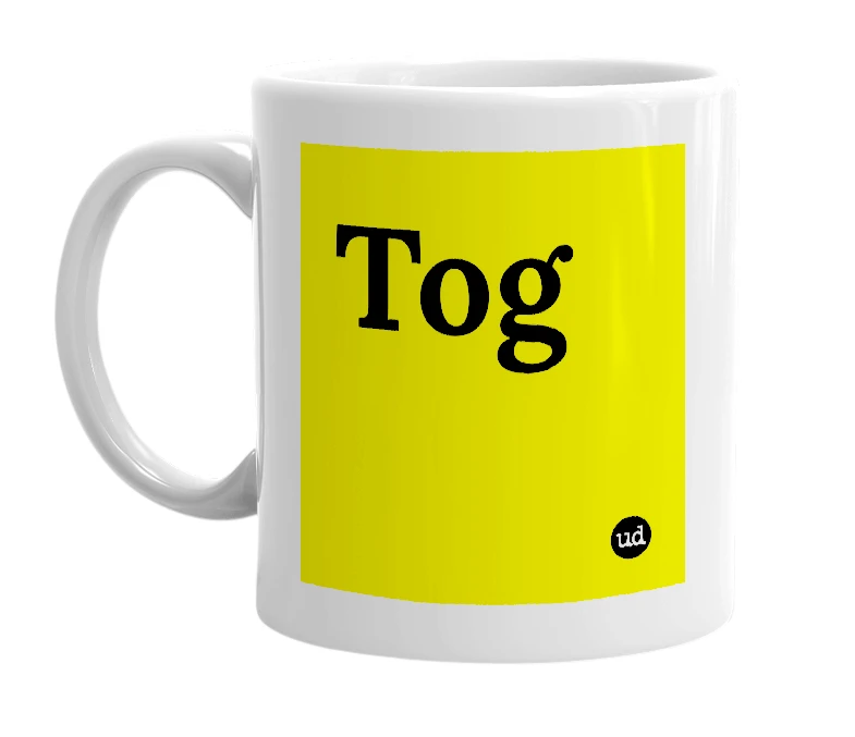 White mug with 'Tog' in bold black letters