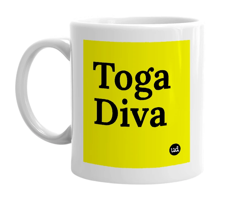 White mug with 'Toga Diva' in bold black letters