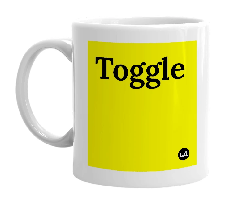 White mug with 'Toggle' in bold black letters