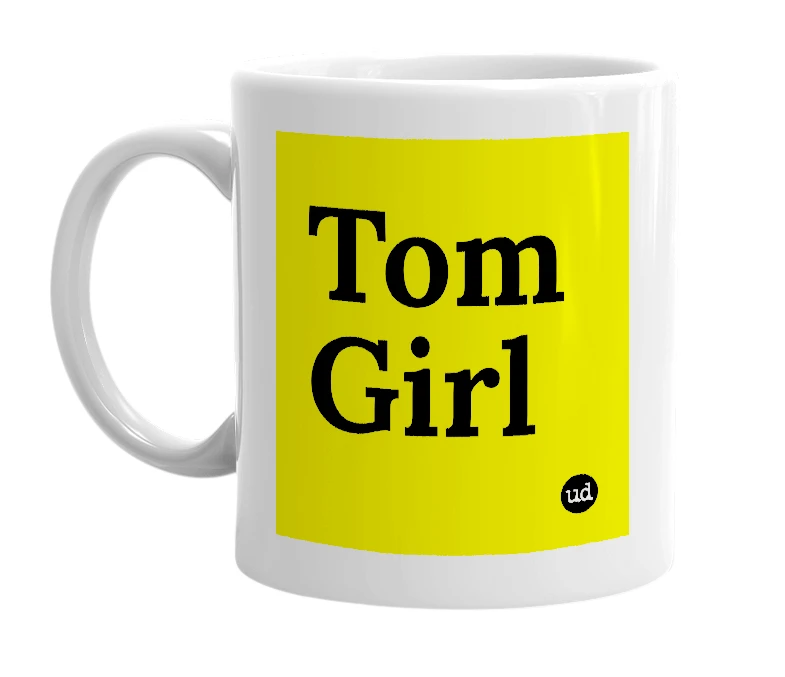 White mug with 'Tom Girl' in bold black letters