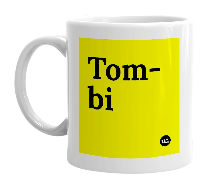 White mug with 'Tom-bi' in bold black letters