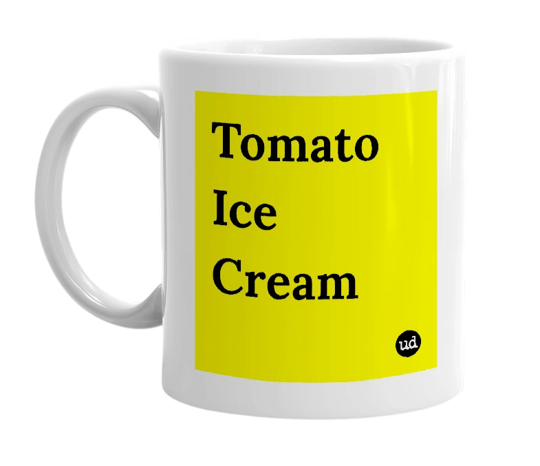 White mug with 'Tomato Ice Cream' in bold black letters