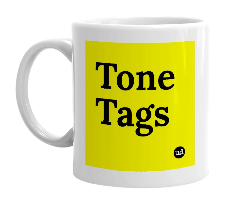 White mug with 'Tone Tags' in bold black letters