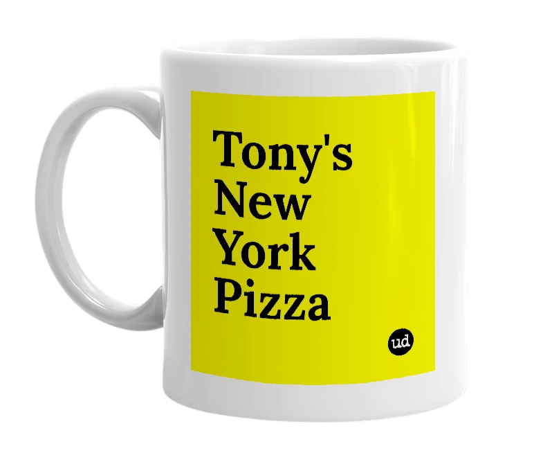 White mug with 'Tony's New York Pizza' in bold black letters