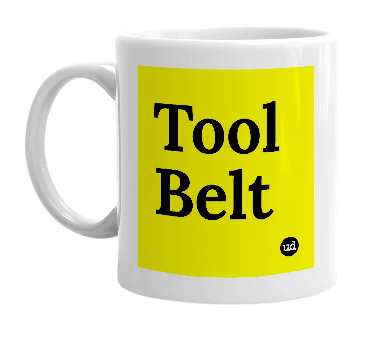 White mug with 'Tool Belt' in bold black letters