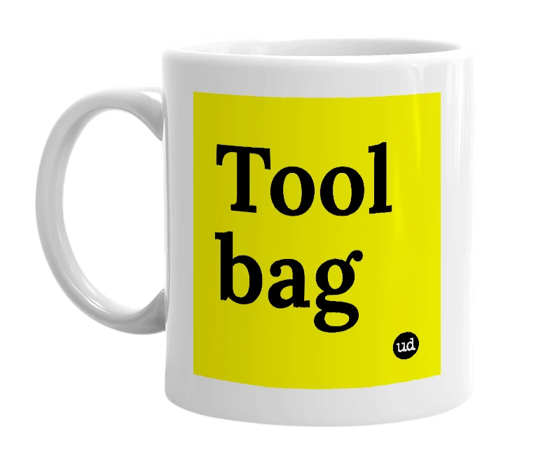 White mug with 'Tool bag' in bold black letters