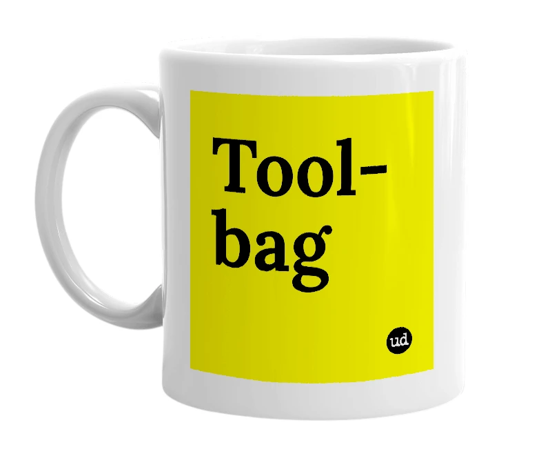 White mug with 'Tool-bag' in bold black letters
