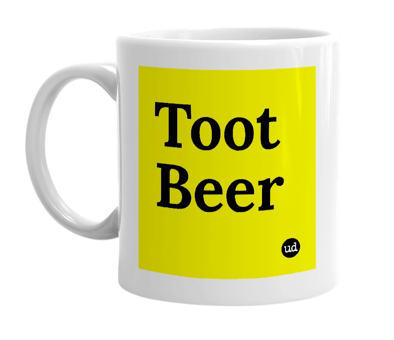 White mug with 'Toot Beer' in bold black letters