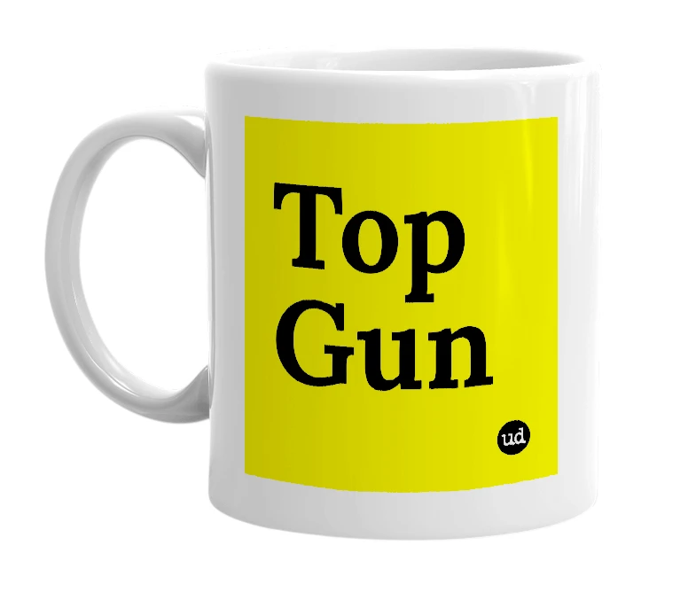 White mug with 'Top Gun' in bold black letters