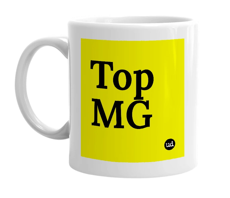 White mug with 'Top MG' in bold black letters