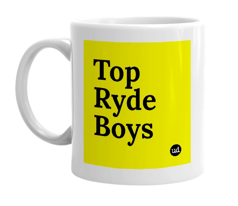 White mug with 'Top Ryde Boys' in bold black letters