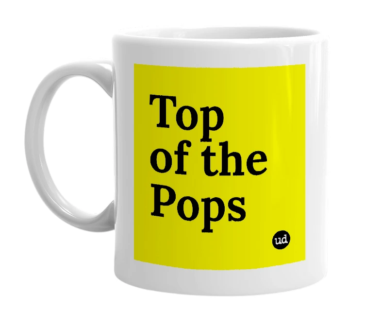 White mug with 'Top of the Pops' in bold black letters