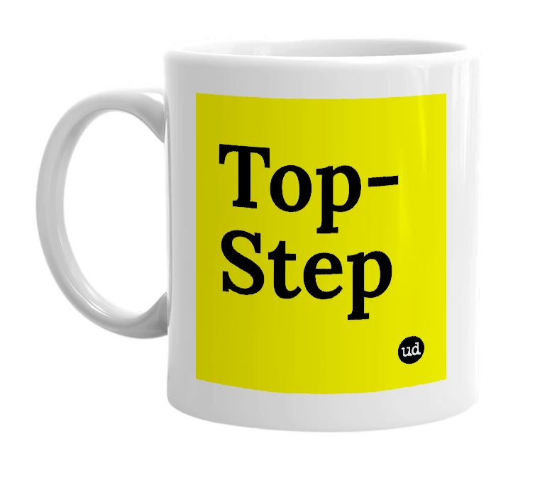White mug with 'Top-Step' in bold black letters