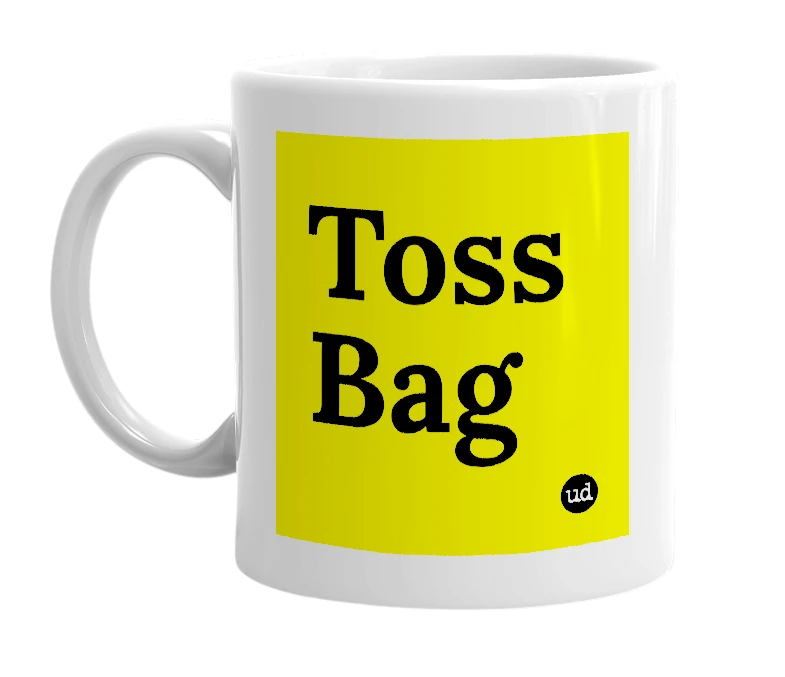 White mug with 'Toss Bag' in bold black letters