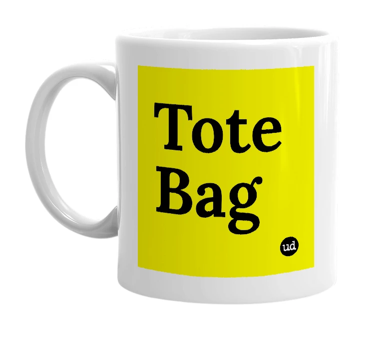 White mug with 'Tote Bag' in bold black letters