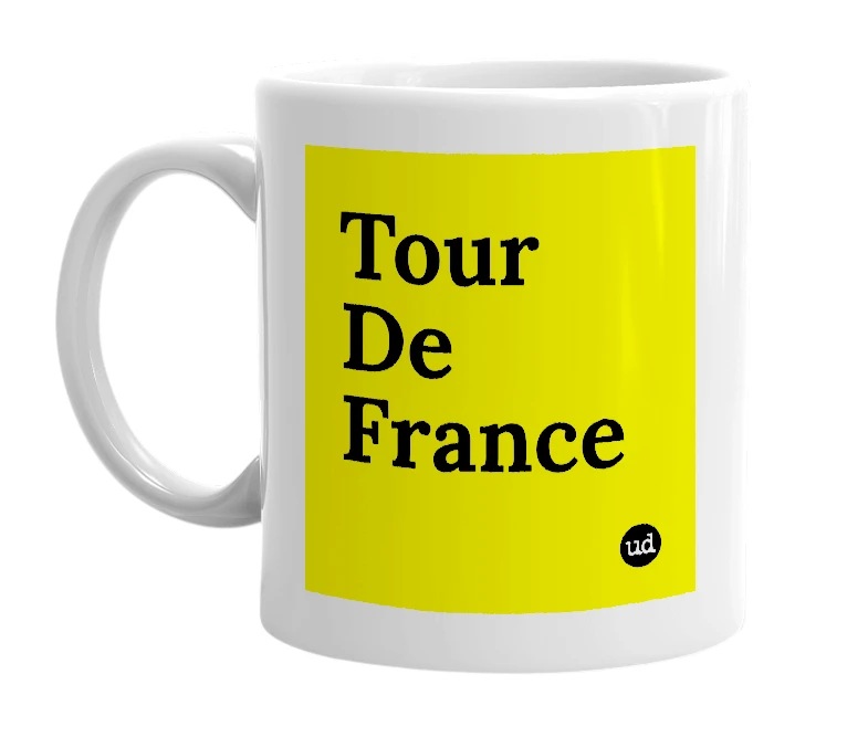 White mug with 'Tour De France' in bold black letters