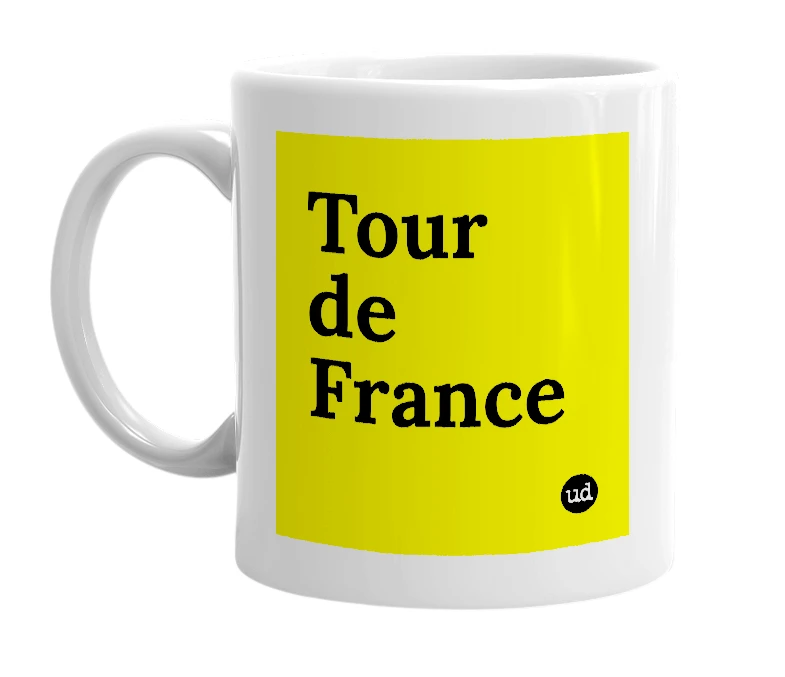 White mug with 'Tour de France' in bold black letters