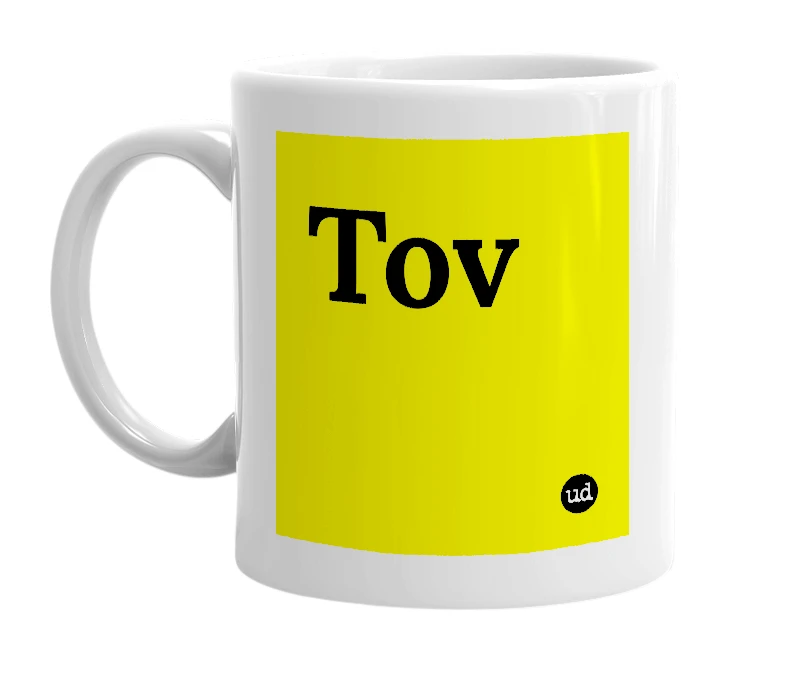 White mug with 'Tov' in bold black letters