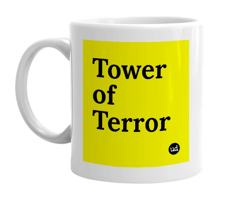 White mug with 'Tower of Terror' in bold black letters