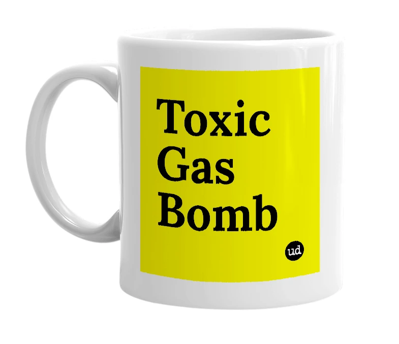 White mug with 'Toxic Gas Bomb' in bold black letters