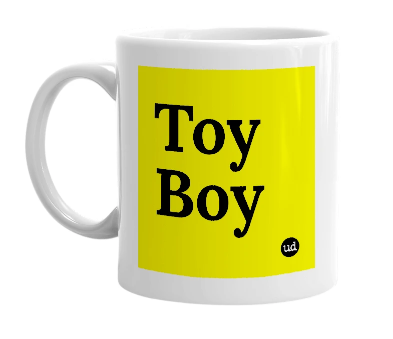 White mug with 'Toy Boy' in bold black letters