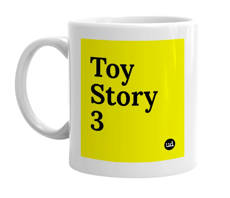 White mug with 'Toy Story 3' in bold black letters