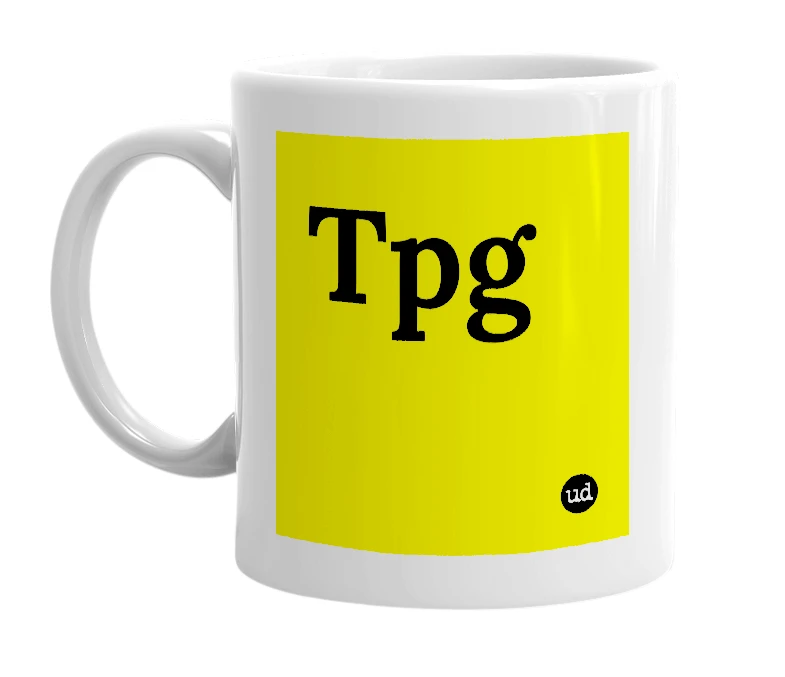 White mug with 'Tpg' in bold black letters