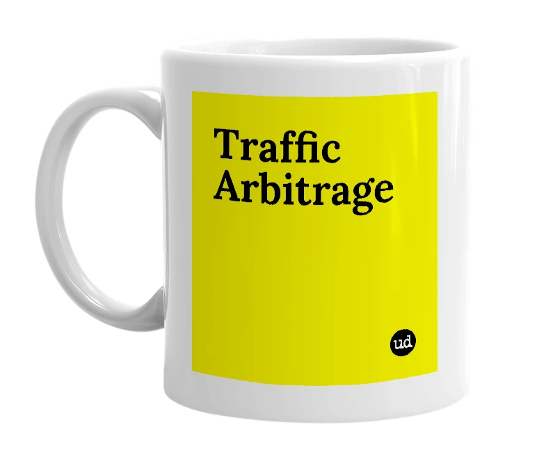 White mug with 'Traffic Arbitrage' in bold black letters