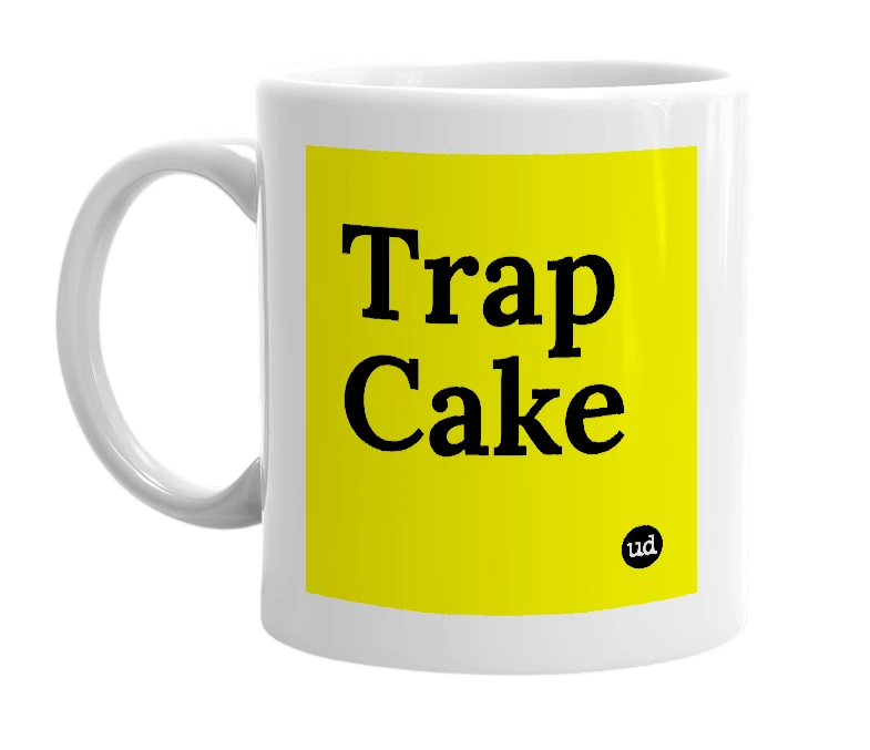White mug with 'Trap Cake' in bold black letters