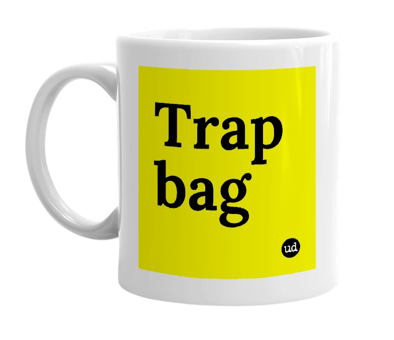 White mug with 'Trap bag' in bold black letters