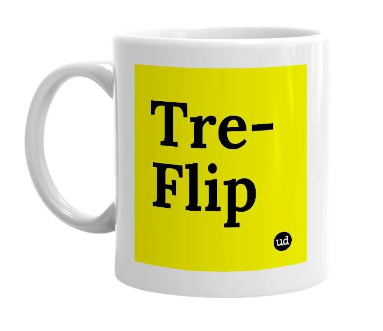 White mug with 'Tre-Flip' in bold black letters