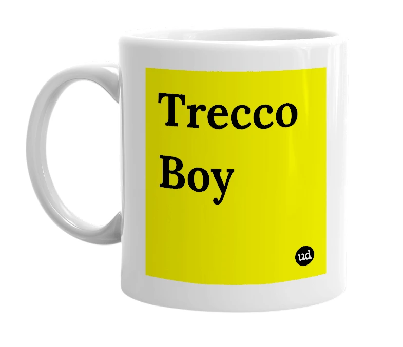 White mug with 'Trecco Boy' in bold black letters