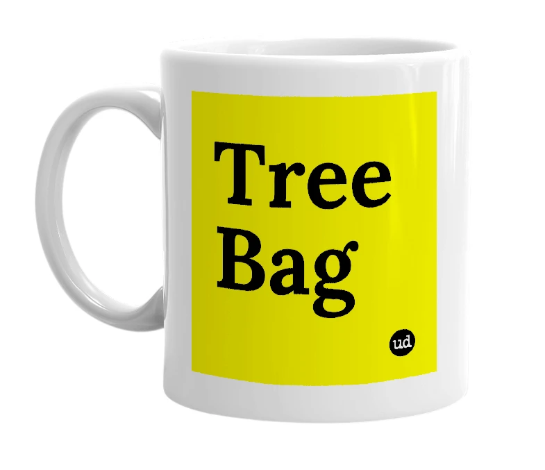 White mug with 'Tree Bag' in bold black letters