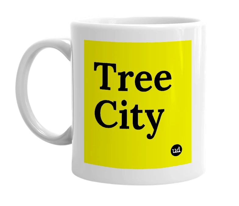 White mug with 'Tree City' in bold black letters