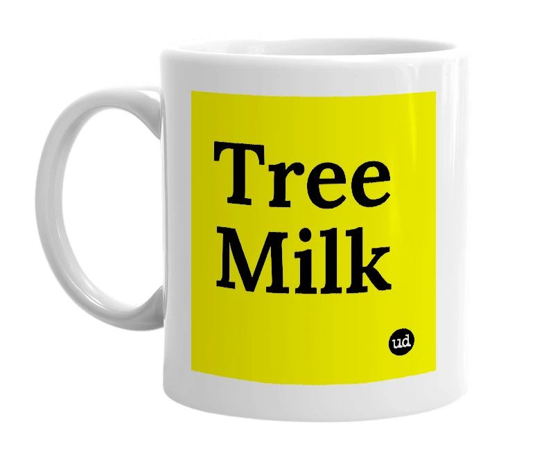 White mug with 'Tree Milk' in bold black letters