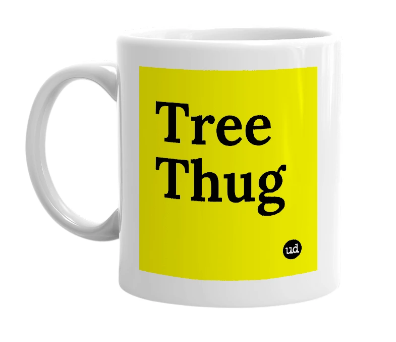 White mug with 'Tree Thug' in bold black letters