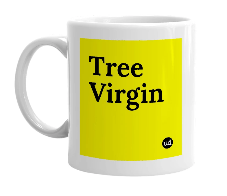 White mug with 'Tree Virgin' in bold black letters