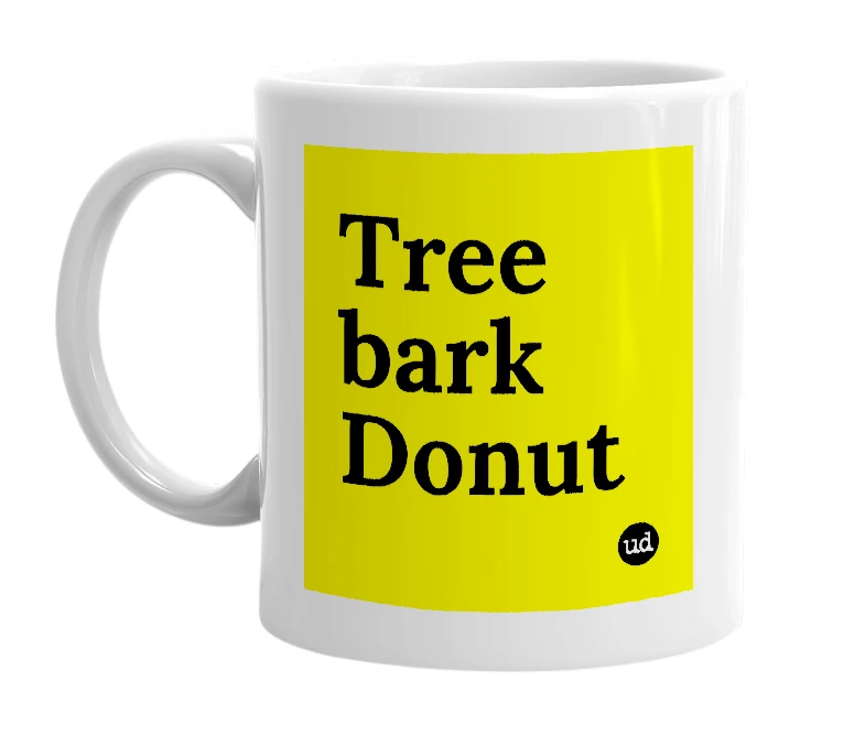 White mug with 'Tree bark Donut' in bold black letters