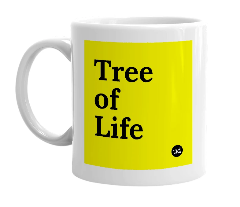 White mug with 'Tree of Life' in bold black letters