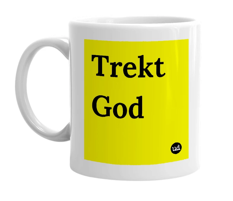 White mug with 'Trekt God' in bold black letters
