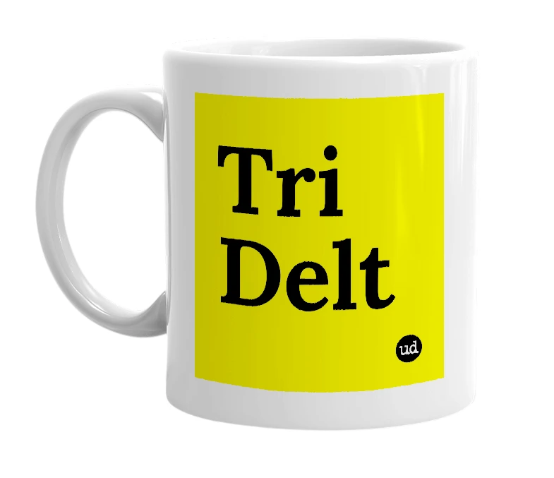 White mug with 'Tri Delt' in bold black letters