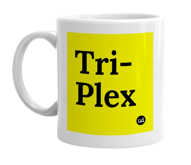 White mug with 'Tri-Plex' in bold black letters