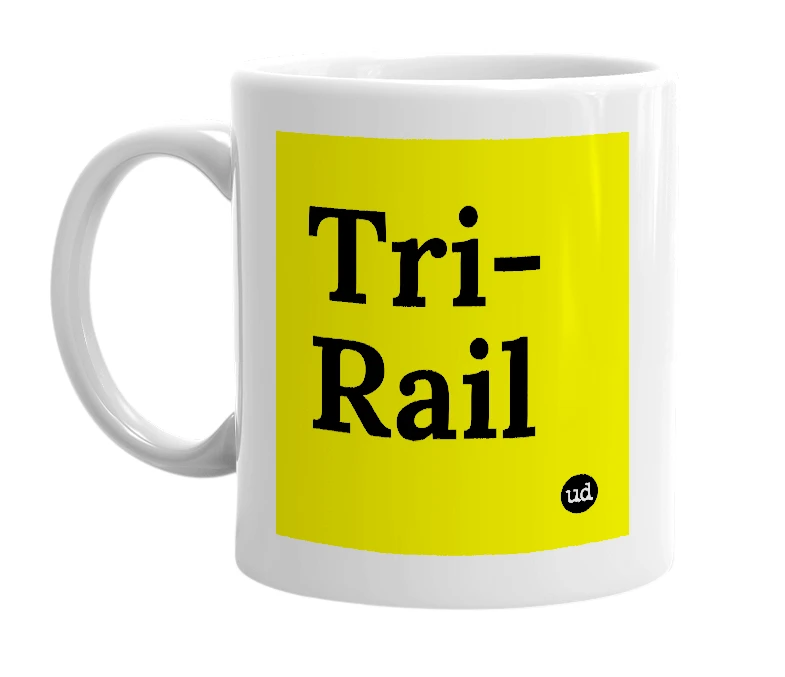 White mug with 'Tri-Rail' in bold black letters