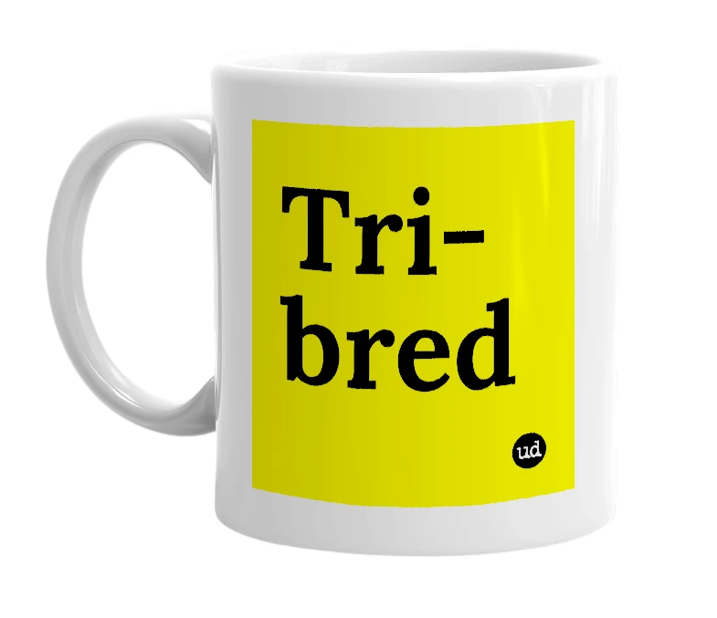 White mug with 'Tri-bred' in bold black letters