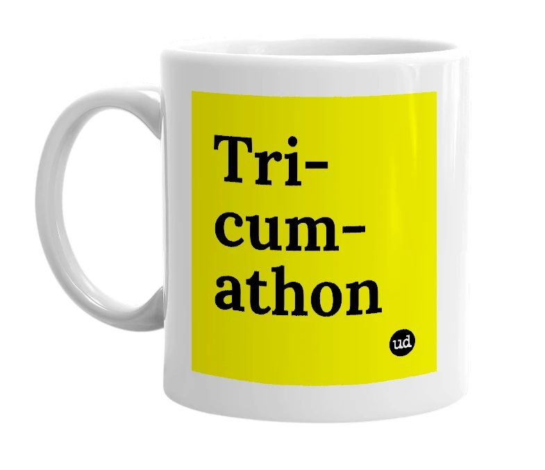White mug with 'Tri-cum-athon' in bold black letters
