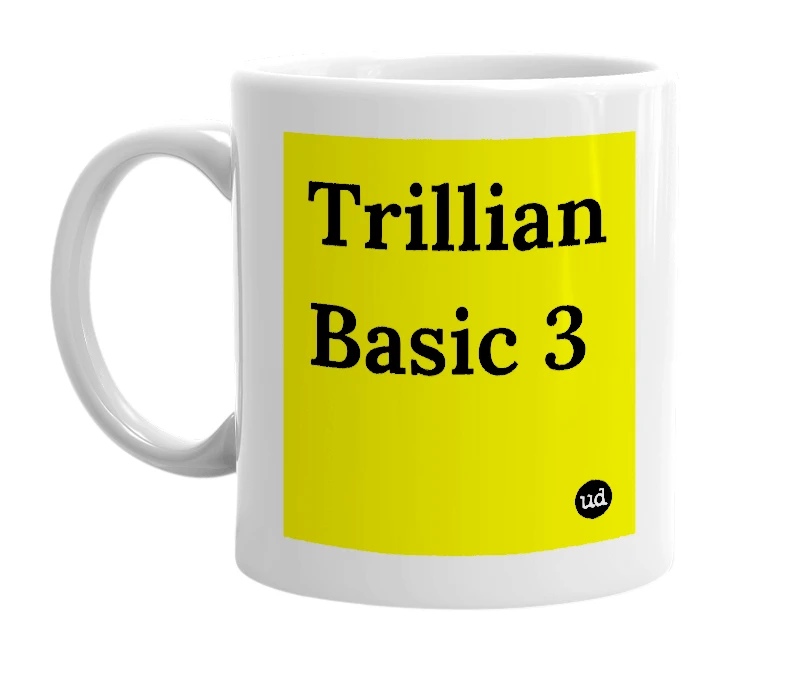 White mug with 'Trillian Basic 3' in bold black letters